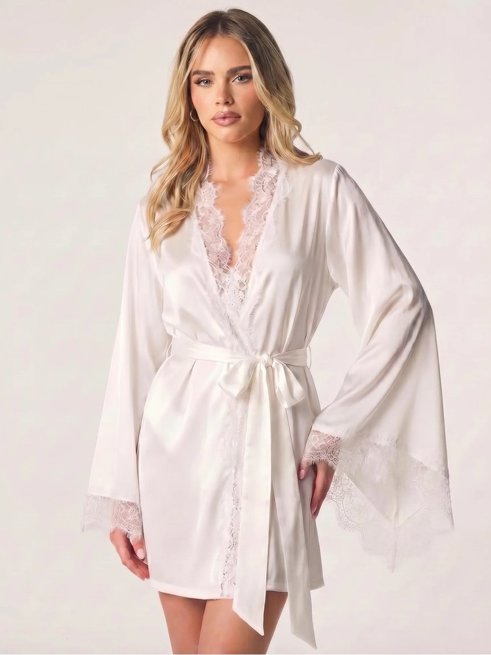 Bridal Lace-Trim Short Robe - White